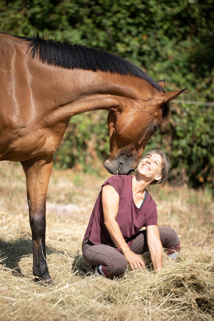 Isabelle Marie, équithérapeute et équicoach en séance avec un cheval
